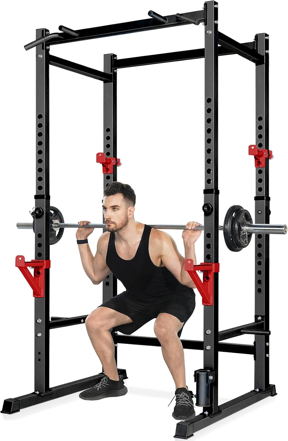 Power rack for barbell squats, presses, and home gym strength training