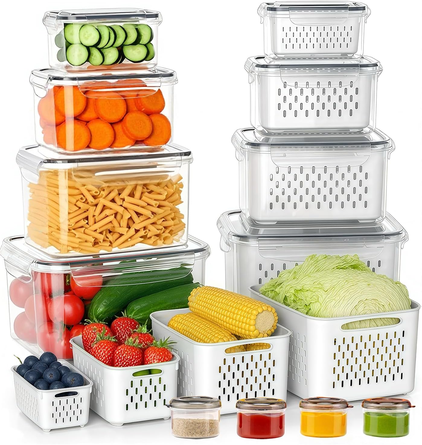 Produce storage containers for fruits, vegetables, and refrigerator organization
